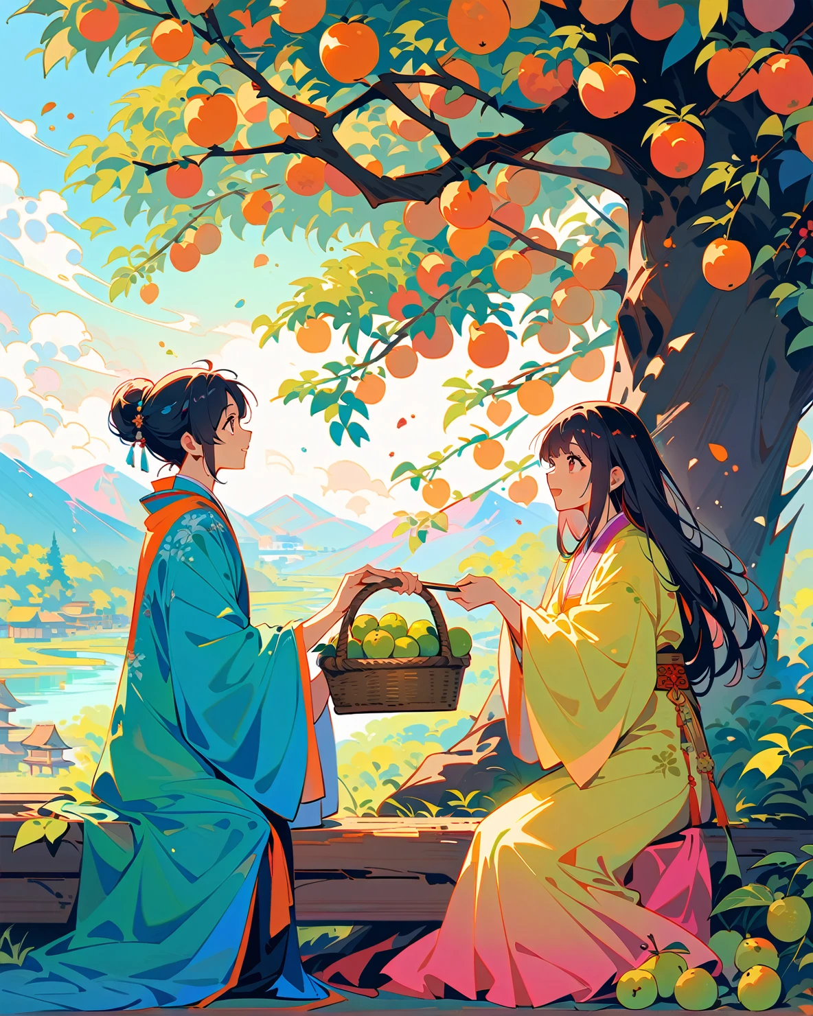 Surrealism，Chubby Tang Style Flat Illustration，Two people picking green plums，A pair of lovely boys and girls，Boy climbing greengage tree，Girl holding a basket of green plums，Looking up to the boy，，Childhood sweethearts，Eye contact，close，joy，happy，interactive，Wearing Hanfu，A huge greengage tree laden with fruits，Log table，In the distance is the vibrant rural scenery，antiquity，Chinese style，Tang Style，Chinese traditions，Dynamic，Layering，Sense of tranquility，visual impact，Medium shot，Vibrant and bright hues，clair obscur，Contrasting tones，Liang Jiacheng&#39;s graffiti style，Bold lines，Ink Painting Techniques，Flat，Minimalism，high quality，High Detail，High Definition，masterpiece，masterpiece