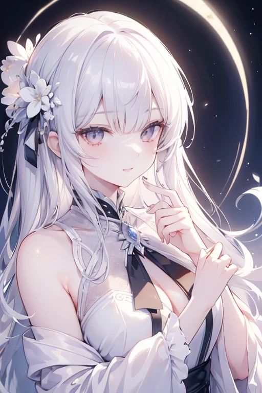 Masterpiece, Excellent girl, Night Moon Full Moon, 1 Female, Mature woman, sister, royal sister, cool face, expressionless, Silvery-white long-haired woman, light pink lips, Calm, intellectual, Three-striped gray eyes, Killer Short Knife, Flower ball background, hand details, Finger details, details face, eye details, smile 