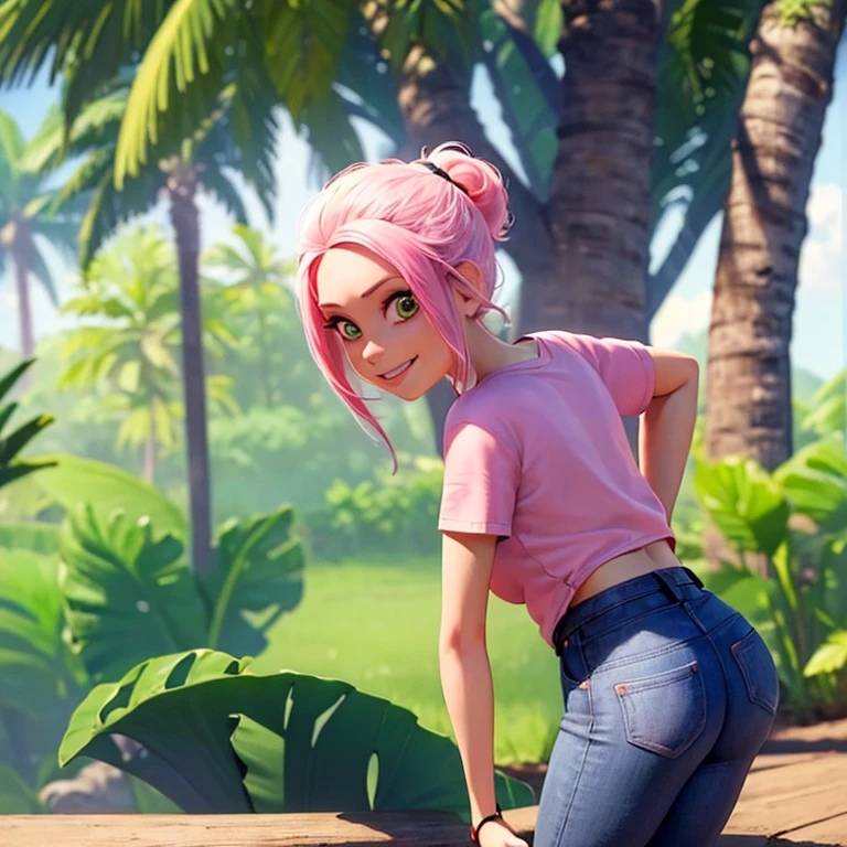 ((masterpiece, best quality)), absurd, 1 girl, Brooklyn_Jurassic_Park, alone, smiling, looking at viewer, tropical background, pink hair, has, jean short sport white with black edges, white  top, looking at viewer, serious smile and seductive, from behind, exterior, high quality, masterpiece. big ass, big ass