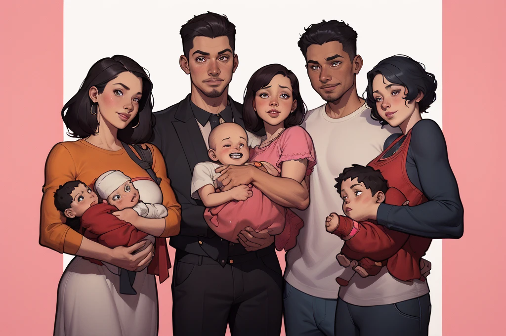 illustration of a family of five standing together in front of a pink background, family portrait, retrato de uma gangue rosa, rotoscopia, retrato nft, em estilo cartoon, official Admirador de arte, family photo, barong family, caricatura, Admirador de arte, digital illustration, happy family, stylized digital illustration, family, desenhado no estilo de Mark Arian usando a regra de 3 nas medidas estilo Cartoon estilo ilustração digital estilo GTAarafed retrato de family with a baby and a doll, retrato de family, inspirado em Art Frahm, Arte da capa dos quadrinhos de Phil Noto, por Mark Arian, por Eddie Mendoza, estilo tom bagshaw, cartoon style illustration, Spy vs. Family, Art style of Tom Bagshaw, phil noto arte em quadrinhos, JC Leendecker e Sachin Teng, fanart detalhada, arte promocional