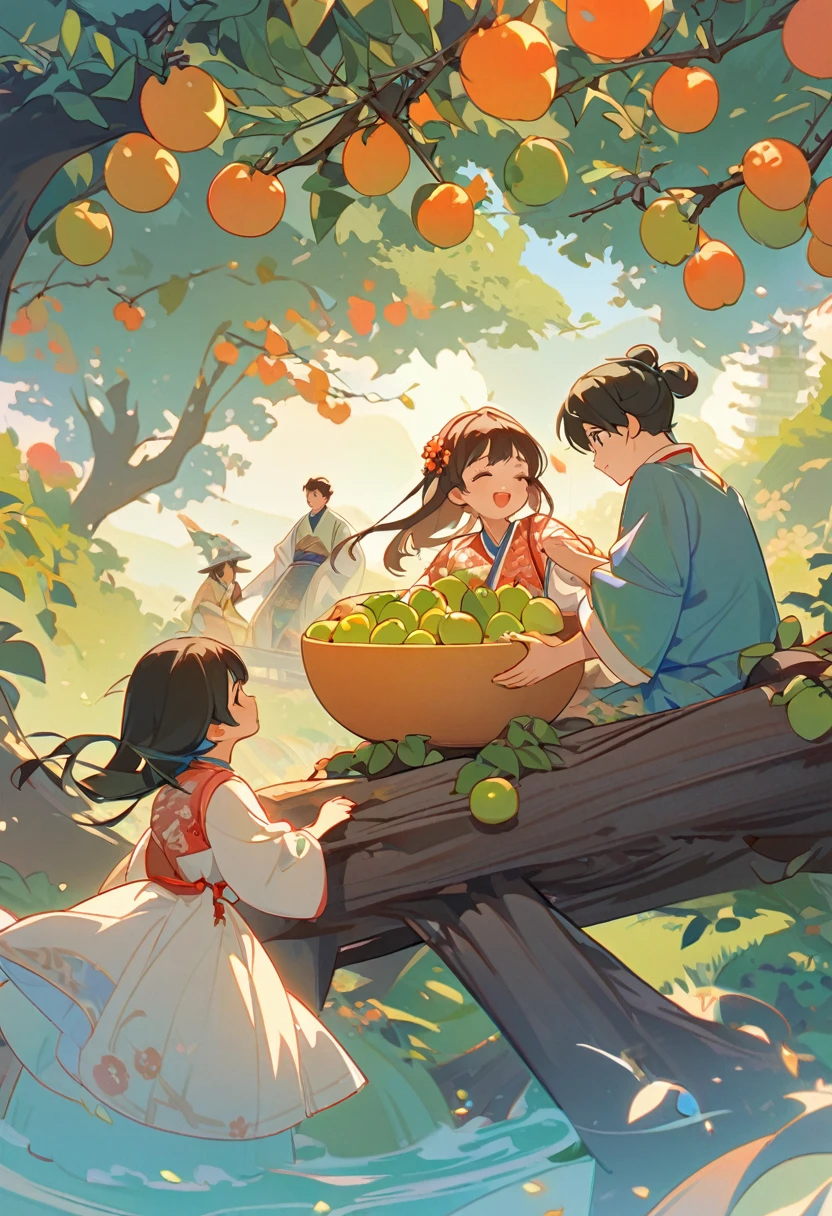 Cai GuoRUN's illustration style, Surrealism，Chubby Tang Style Flat Illustration，Two people picking green plums，A pair of lovely boys and girls，Boy climbing greengage tree，Girl holding a basket of green plums，Looking up to the boy，，Childhood sweethearts，Eye contact，close，joy，happy，interactive，Wearing Hanfu，A huge greengage tree laden with fruits，Log table，In the distance is the vibrant rural scenery，antiquity，Chinese style，Tang Style，Chinese traditions，Dynamic，Layering，Sense of tranquility，visual impact，Medium shot，Vibrant and bright hues，clair obscur，Contrasting tones，Liang Jiacheng&#39;s graffiti style，Bold lines，Ink Painting Techniques，Flat，Minimalism，high quality，High Detail，High Definition，masterpiece，masterpiece