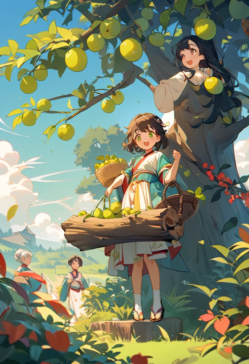 Cai GuoRUN's illustration style, Surrealism，Chubby Tang Style Flat Illustration，Two people picking green plums，A pair of lovely boys and girls，Boy climbing greengage tree，Girl holding a basket of green plums，Looking up to the boy，，Childhood sweethearts，Eye contact，close，joy，happy，interactive，Wearing Hanfu，A huge greengage tree laden with fruits，Log table，In the distance is the vibrant rural scenery，antiquity，Chinese style，Tang Style，Chinese traditions，Dynamic，Layering，Sense of tranquility，visual impact，Medium shot，Vibrant and bright hues，clair obscur，Contrasting tones，Liang Jiacheng&#39;s graffiti style，Bold lines，Ink Painting Techniques，Flat，Minimalism，high quality，High Detail，High Definition，masterpiece，masterpiece