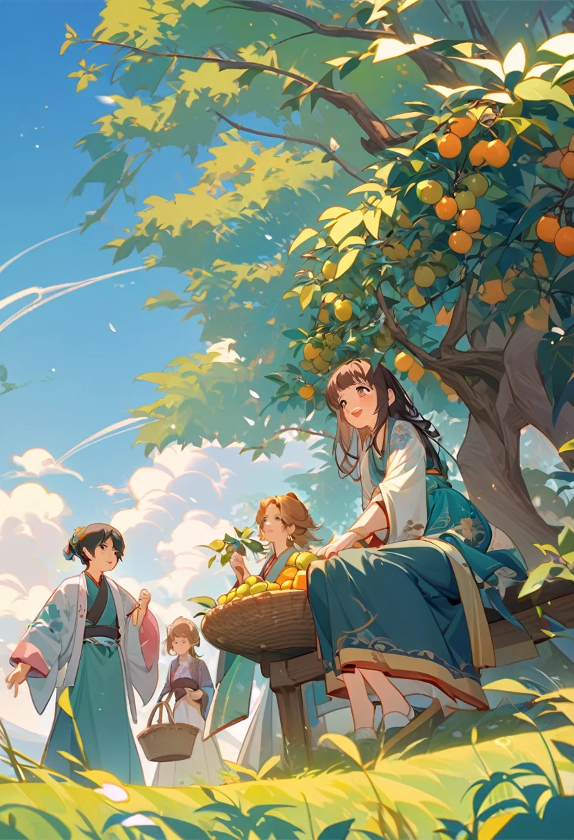 Cai GuoRUN's illustration style, Surrealism，Chubby Tang Style Flat Illustration，Two people picking green plums，A pair of lovely boys and girls，Boy climbing greengage tree，Girl holding a basket of green plums，Looking up to the boy，，Childhood sweethearts，Eye contact，close，joy，happy，interactive，Wearing Hanfu，A huge greengage tree laden with fruits，Log table，In the distance is the vibrant rural scenery，antiquity，Chinese style，Tang Style，Chinese traditions，Dynamic，Layering，Sense of tranquility，visual impact，Medium shot，Vibrant and bright hues，clair obscur，Contrasting tones，Liang Jiacheng&#39;s graffiti style，Bold lines，Ink Painting Techniques，Flat，Minimalism，high quality，High Detail，High Definition，masterpiece，masterpiece