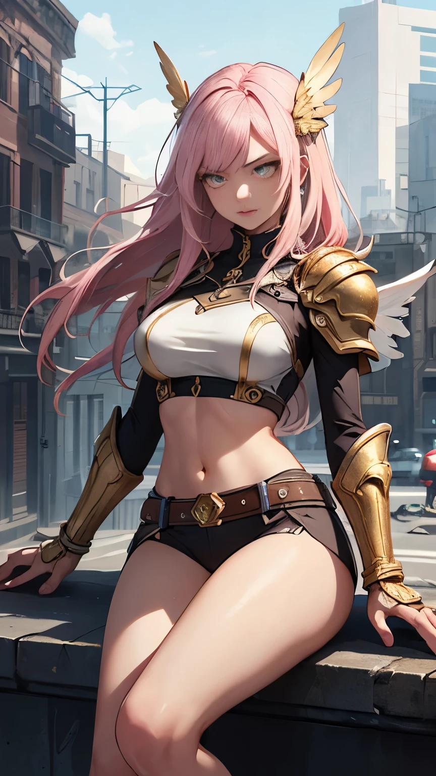 (Highly quality, masterpiece, detailed), Destroyed city detailed scenario, destroyed city detailed background, 20 years old girl, solo, angry, hero suit, straight hair, white and pink hair, Gold belt, gold wristband, Gold Shoulder pad, gold breast plates, 1girl, pink wings, sitting on top of a building, crop top, Abdomen, Navel, beautiful eyes, perfect eyes, looking at the viewer, Sexy pose