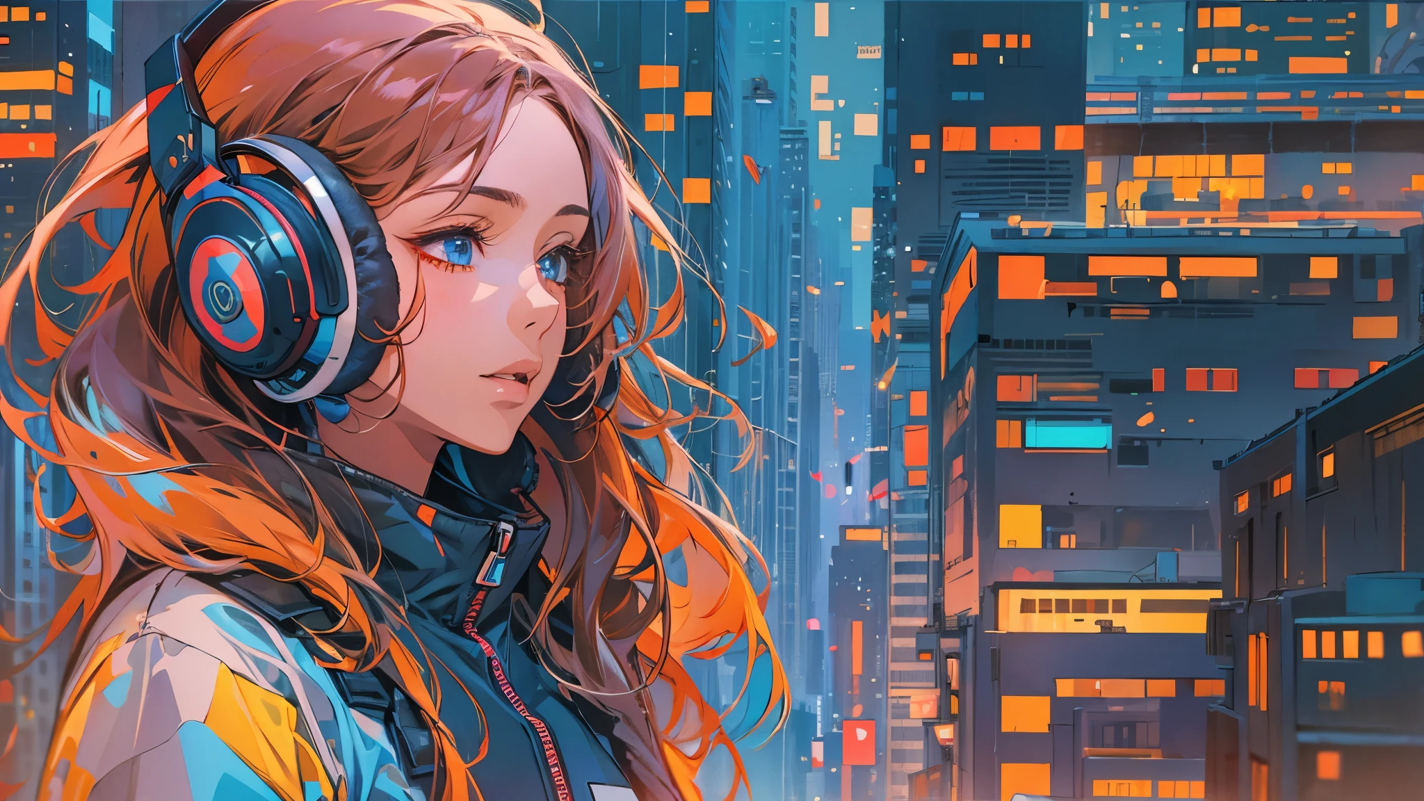 high resolution、One Girl、Wearing headphones、Vibrant colors、Vivid Color、Warm shades、Full body images、Futuristic City、Braided hair、