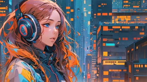 high resolution、One Girl、Wearing headphones、Vibrant colors、Vivid Color、Warm shades、Full body images、Futuristic City、Braided hair...