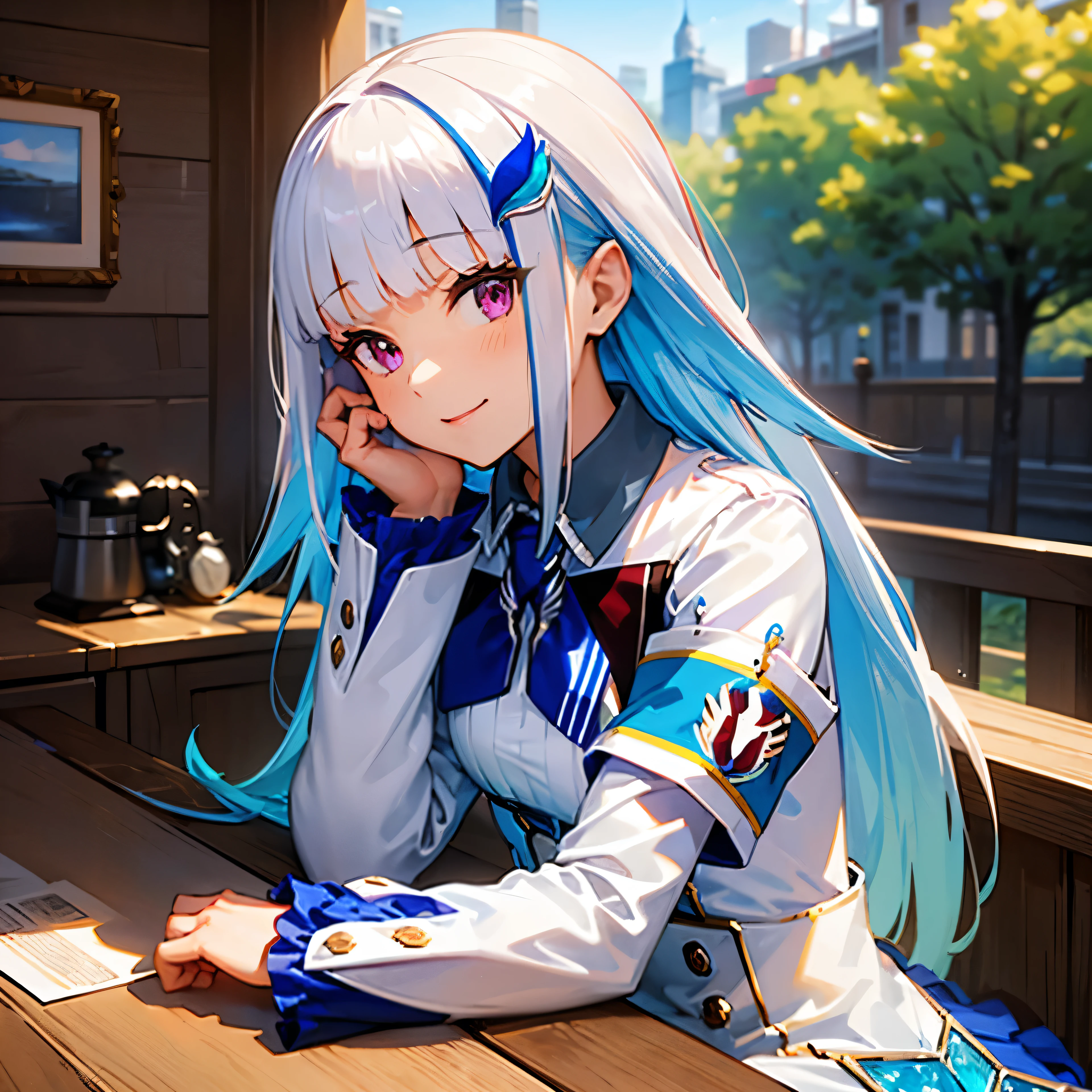 ((masterpiece)), ((best quality)), ((ultra-detailed)), 1girl, , looking at viewer, smile, coffee shop, coffee cup, upper body, coffee pot, (head rest:1.2), lh1, hair ornamnet, long hair, long sleeves, pleated skirt, blue thighhighs, armband, frilled skirt, white jacket, white shirt, blue skirt, thigh strap