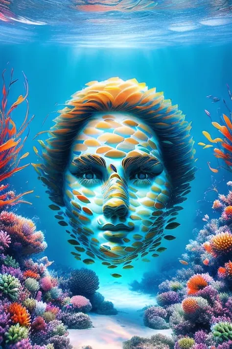 An aquarium with countless fish, A white-faced woman's face floats in the depths of it, Blonde hair, Long hair, Colorful fish, (...