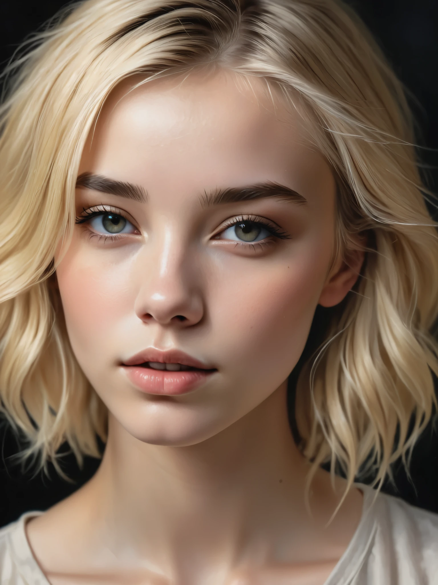 une jeune femme, blond, Thème sombre, tons apaisants, couleurs sourdes, Contraste élevé, (texture naturelle de la peau, Hyperréalisme, Lumière douce, POINTU)
