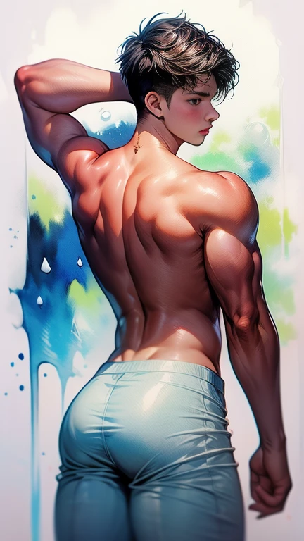 A depraved, very handsome boy shows off his ass, young guy of Fifteen year old  with round voluminous buttocks and a thin waist, splashing white sticky liquid, dressed in Tango panties are two sizes too small , daring hairstyle. Watercolor, Only boys, guys, young man