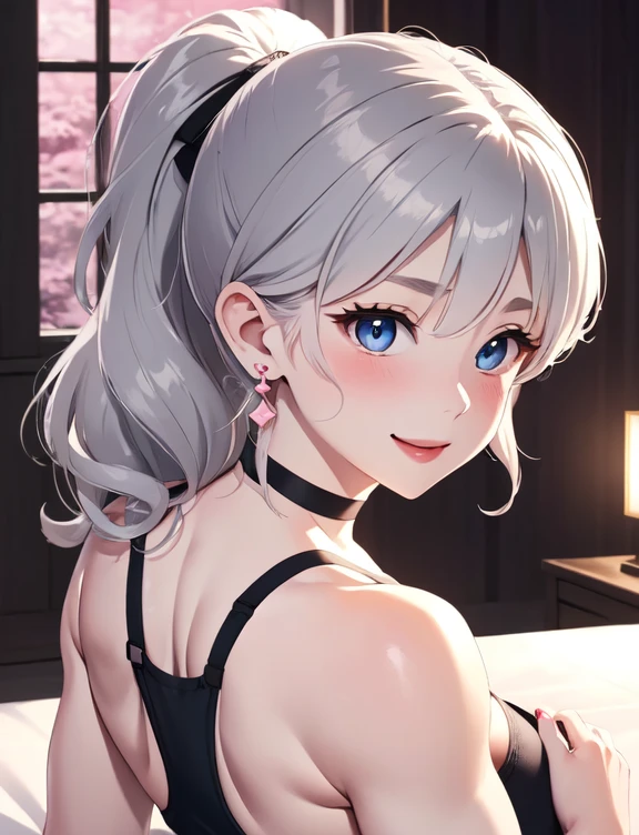 (((masterpiece))), ShizukaMikazuki, One Girl, alone, View your audience, Gray Hair, Cleavage, ((Very large breasts)),Big Ass,blue eyes,Big eyes,clavicle, Mature Body,Attractive body,(Trained abdominal muscles),High resolution, highest quality, super high quality,3D Images、Kumiko、3D Images、A bed with a shining night view、Gray Hair、Wavy long hair、Very detailedな CG Unity 8k 壁紙, [3D Images:1.15],Attractive eyes、[[Fine grain、blue eyes、Shining Eyes:1.15]], , Very detailed,Thin fingers、Front view、Cinema Lighting、Make your face a little smaller,Black sports bra,Blushing,High Ponytail,Sweaty all over,White Breath,Black Ribbon,Charm choker,smile,Earrings,garden,Big eyes,Glossy red lipstick,(Pink Nails),Blur the background,(Big Ass),((Looking Back)),Tilt your head