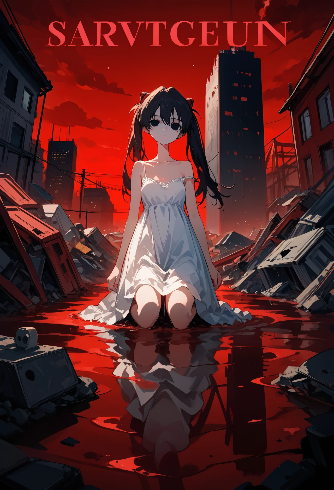 (score_10,score_9_up,score_8_up), very strong contrast, dramatic Lighting,very high detailed,very gorgeous and complicated background,8k,4k,highres,hadrian, panorama,post-apocalypse,sidelighting,straight-on portrait,souryuu asuka langley,red sky,red background,(black cloud),(destroyed building:1.2), vignetting, red shadow,magazine cover,white dress,wet,kneeling on liquid, red water,slender face,exhausted, expressionless,neon genesis evangelion,nerv,empty eyes, shaded face, closed mouth,dripping,strap slip,