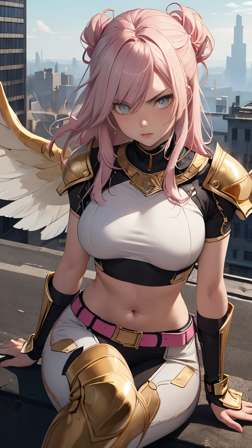 (Highly quality, masterpiece, detailed), Destroyed city detailed scenario, destroyed city detailed background, 20 years old girl, solo, angry, hero suit, straight hair, white and pink hair, Gold belt, gold wristband, Gold Shoulder pad, gold breast plates, 1girl, pink wings, sitting on top of a building, crop top, Abdomen, Navel, beautiful eyes, perfect eyes, looking at the viewer, Sexy pose