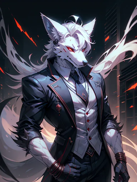 male, furry, wolf anthro, solo, white fur, red eyes, (realistic eye details 1.2), headphone on head, business suit wear, charact...