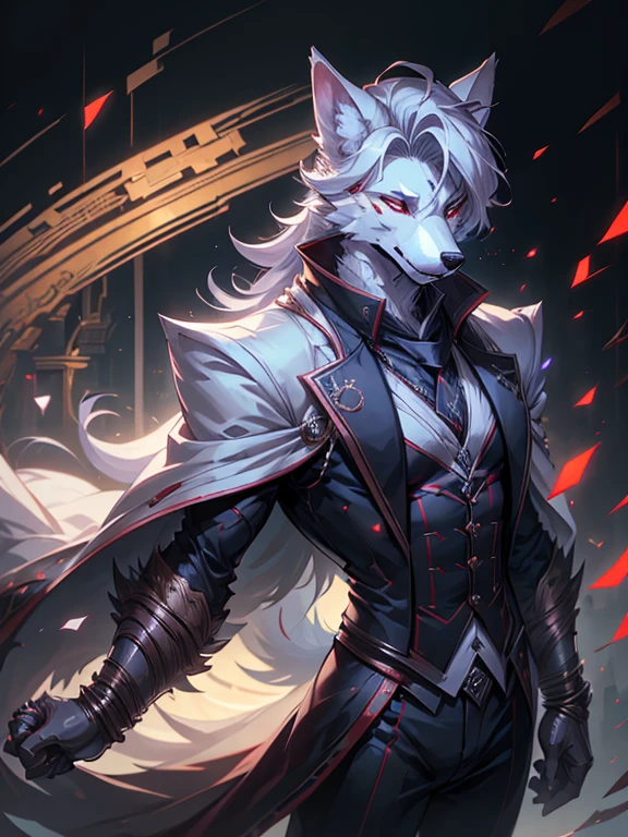 male, furry, wolf anthro, solo, white fur, red eyes, (Realistic eye details 1.2), headphone on head, business suit wear, Character focus, abs, Full body like, Masterpiece, dramatic lighting, soft lighting, day, highly detail, Hair coiled