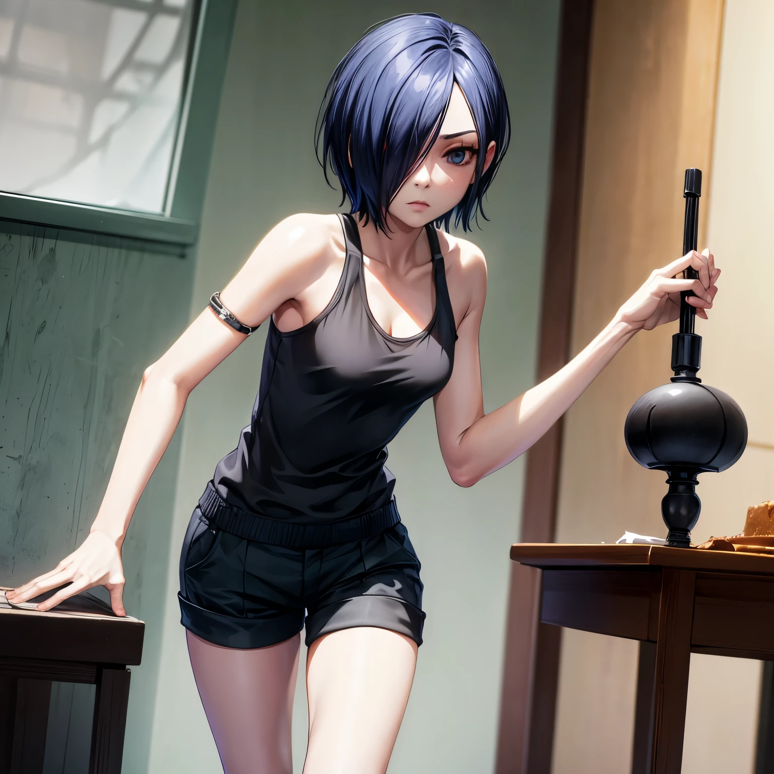 Kirišima touka, Beautiful, seductive, Black tank top, black shorts, 