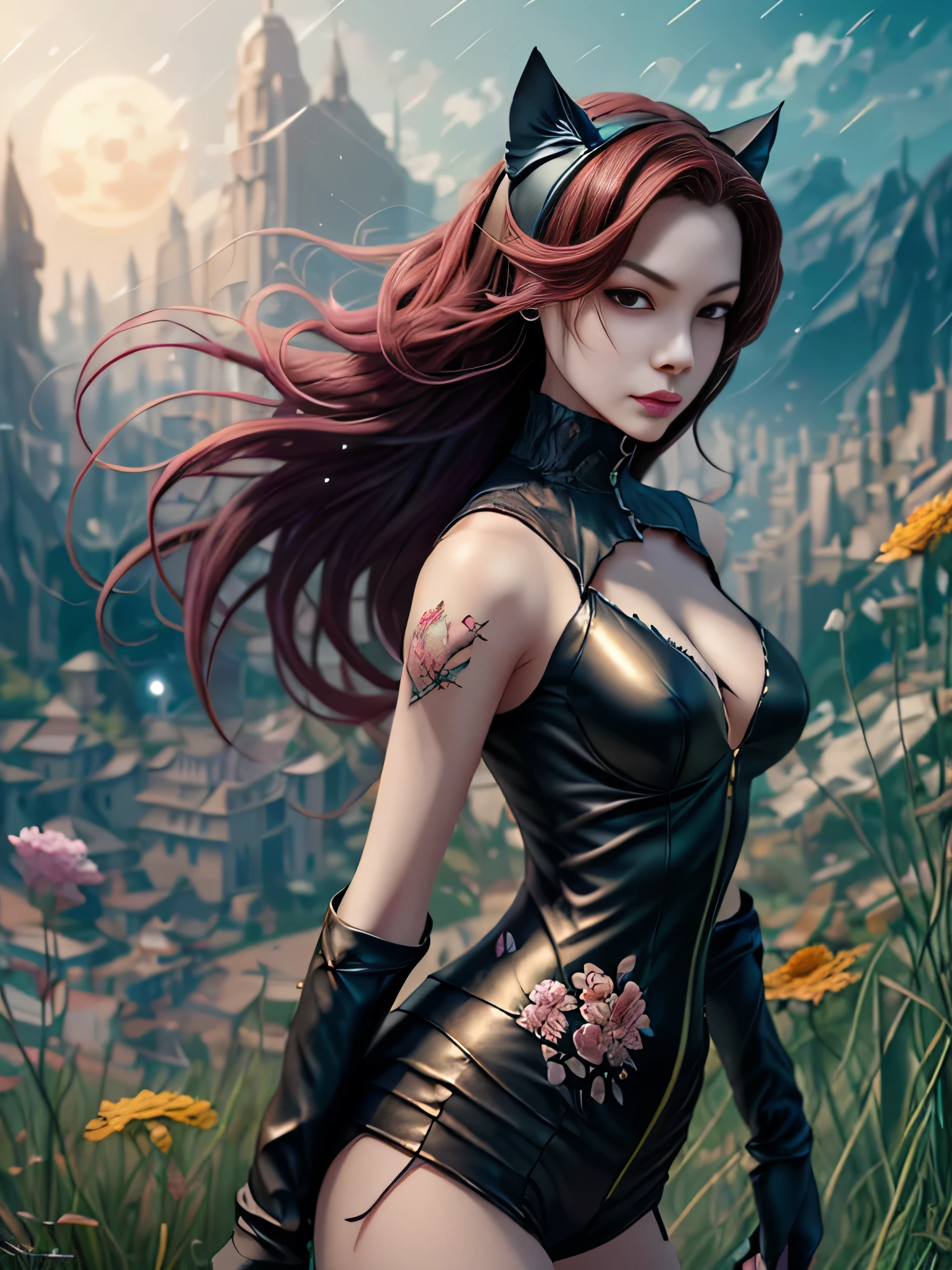 (Best Quality, 8K, Masterpiece, HDR, Soft Lighting, Picture Perfect, Realistic, Vivid), Summer valley covered with flowers, grass and flying elemental lights, Catwoman stands, she has a beautiful face with brown eyes, long windy flaming red hair and tattoos all over her body, arms and legs, she is dressed in some kind of floral outfit, there is a windy aura around her, (ultra high quality fantasy art, dark fantasy style, masterpiece, ultra high quality character design, 8k quality anime art , Realistic Anime Art, Highest Quality Wallpaper Illustration, Detailed Ultra High Quality Accurate Face, High Quality Design and Accurate Physics), Color Difference, Depth of Field, Dramatic Shadows, Ray Tracing, Best Quality, Highly Detailed CG, 8K Wallpapers, [Carefully Rendered hair [Read more about beautiful and shiny hair]] ,(Perfect hand detail [Beautiful fingers without breakage [Beautiful nails]],(Perfect anatomy (Perfect proportions)) [[Resembles the whole body]],[Perfect color combination (Accurate simulation of interaction light and material)], [Visual art that conveys the meaning of history]