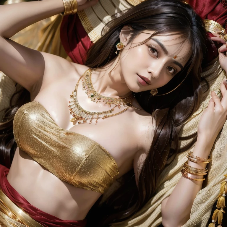 (Top quality, high resolution, accurate, masterpiece, 8k:1.5), (Realistic, Photorealistic:1.3), RAW photo, beautiful princess in indian red gold plated lahenga, necklace, jewelry, hair accessories, long weavy black heavy hair, light makeup, glass skin sleeping in the arms of a handsome king of dark complexion in a royal dhoti and no upper garment, ancient male jewelry.