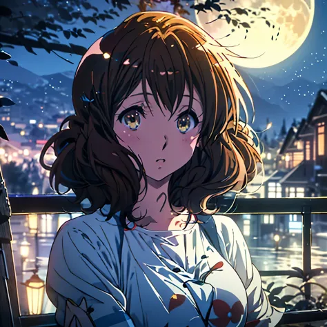 masterpiece、delicate、kumiko oumae、looking up at the sky、night、full moon