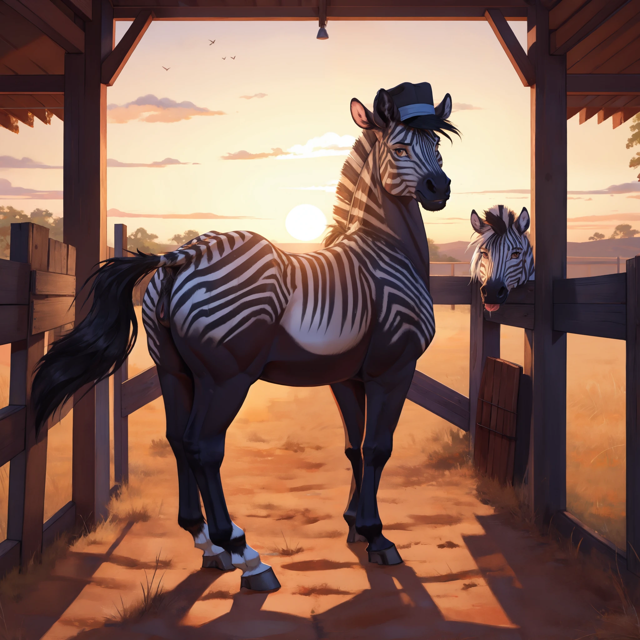 Zebras in a stable with a sunset in the background - SeaArt AI