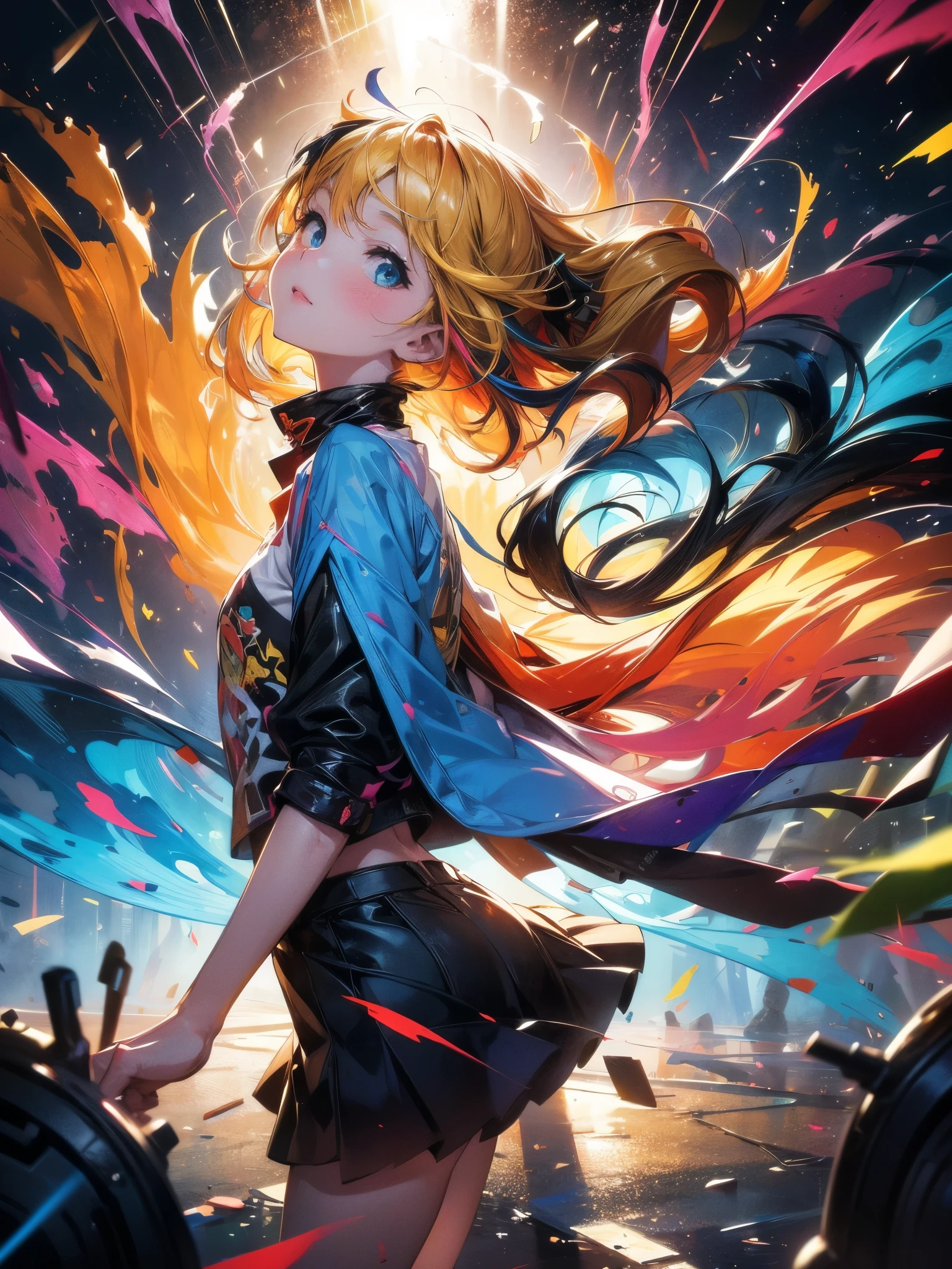 An illustration of a girl surrounded by a vibrant,multicolored paint background,reminiscent of abstract expressionist paintings by Jackson Pollock. The girl stands in the center of the composition,her blonde hair flowing gracefully. The colors in the background are a riot of hues,merging and blending together in an explosion of energy and creativity. The lighting is dynamic,with splashes of light and shadow falling across the scene,adding depth and dimension. The atmosphere is lively and joyful,reflecting the girl's playful spirit amidst the colorful chaos,