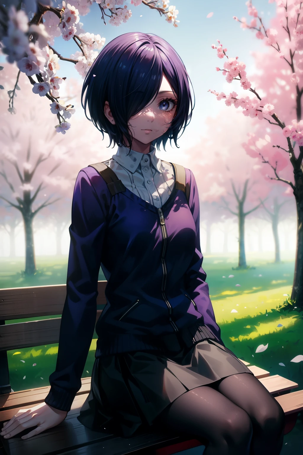 Good quality, HDR , Girl, white skin, beautiful face, cold and calm features, purple-blue eyes, short blue-violet hair It covers the left side of her face and her left eye , Kirishima Touka, Kirishima Touka Style, Tokyo Ghoul Style, Touka Kirishima School Clothes, Sitting under the willow tree, calm look, nice body, Sitting on a bench in a park of willow trees, soft lighting, 