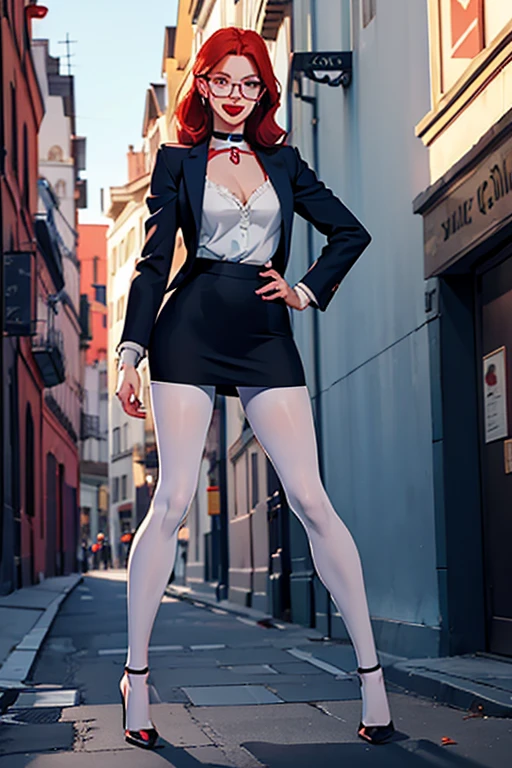 (full body:1.4), Tall, slender redhead woman of Irish descent. (pale:1.3)complexion. blue eyes, cute butt, nice legs. Kind eyes, cute smile. Eyeglasses, red lipstick, choker, blazer, lace top, pencil skirt, (suntan pantyhose), stiletto heels.