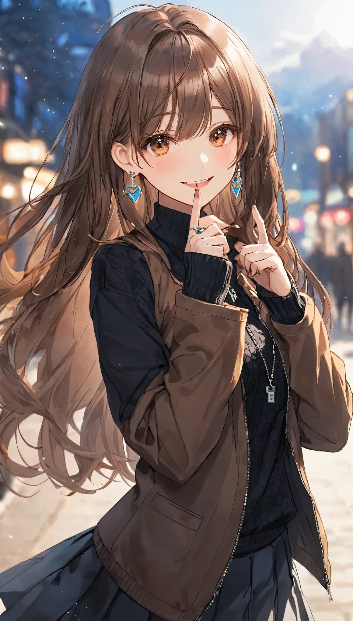 One girl, Ahoge, bangs, black skirt, black sweater, Blue Claws, Blurred, Blurred background, chest, Brown eyes, Brown Hair, brown Jacket, Mouth closed, Day included, Day, Depth of written boundary, Earrings, eyelash, Raise your hand, Tilt your head, Jacket, jewelry, Long Hair, Long sleeve, View Viewer, medium chest, Manicure, Open clothes, open Jacket, Outdoor, Pursed lips, Tucked in shirt, Side Lock, skirt, Sleeves are longer than the wrist, alone, sweater, Upper Body, zipper, smile, ((masterpiece)), 