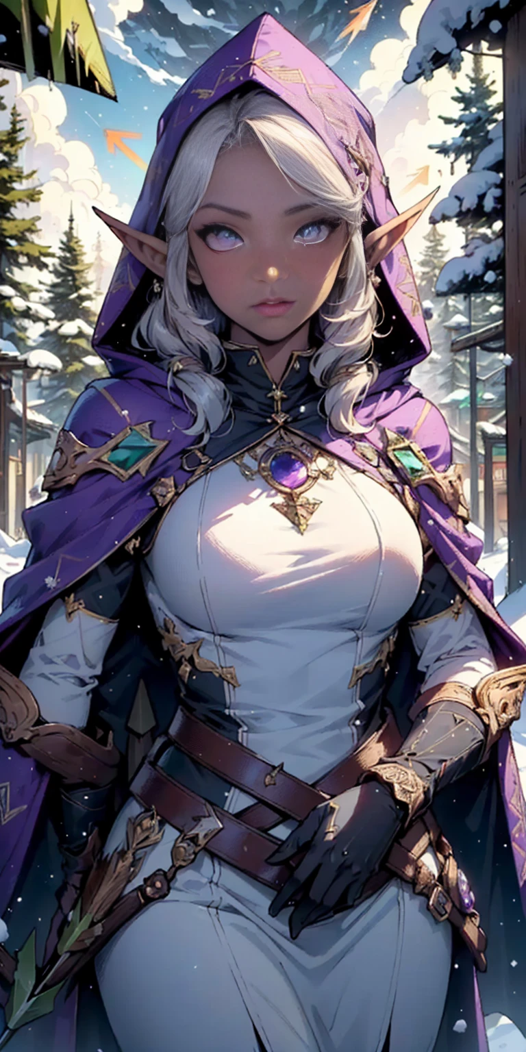 dark elf female, woman:1.5,1 woman, elf_female, dark elf

(female,muscle,1girl, pectoral, woman chest, muscular), 25 year old woman, young ((1female,1 female,1woman, woman, female gender:1.5, beautiful woman, female focus)) (((elf))) (((elf ears)))

dark elf, pointed ears, (((purple_eyes:1.3))),intricate eyes, beautiful detailed eyes, symmetrical eyes (((dark skin:1.5))),white hair,(((lustrous skin:1.5,bright skin: 1.5,skin tanned, shiny skin, very shiny skin, shiny body, plastic glitter skin, exaggerated shiny skin, illuminated skin)))

young beautiful female, perfect body, perfect face,((detailed face))

expressive eyes,serious face,

(ultra-detailed:1.3),beautiful detailed glow,finely detailed,ultra-detailed, 

(light armor, greatcoat, layered clothing, archer, ranger,(purple cape with hood:1.2,purple_cape,hood)),((intricate outfit,intricate clothes)),((quiver with arrows:1.5,arrow quiver:1.5)),

(dynamic pose:1.0),mockingserious attitude,(centered,scale to fit dimensions,Rule of thirds),

((snowy pine forest at night)),with dark stormy clouds,winter,scenery:1.25,((snow forest background)),Christmas tree,

highres,sharp focus,(ultra detailed,extremely detailed),(photorealistic artwork:1.37),(extremely detailed CG unity 8k wallpaper),(((vibrant colors,vibrant theme))),(intricate),(masterpiece),(best quality),