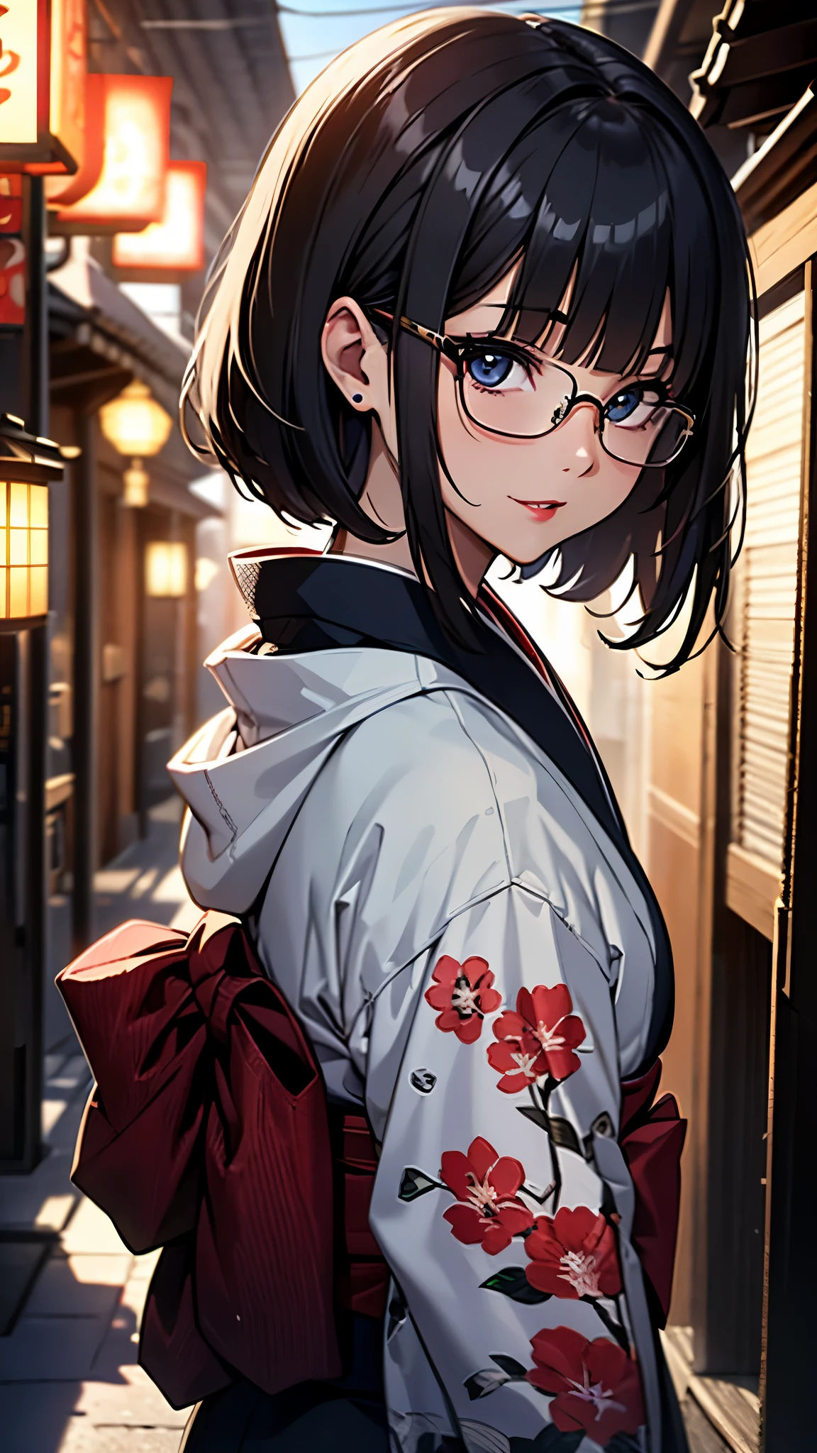 (1girl:1.3), Masterpiece, Best quality, amazing beauty, [[3D]], 4K, absurdres, finely detail, super detailed eye, perfect anatomy, official art, cinematic lighting, BREAK, silky bob cut, blunt bangs, black hair, super shiny detailed black eye, Looking Side Glance, Wearing a kimono, close-mouth, Japanese anime style, syamisen,  red lips, eyewear, Laughing, BREAK , usually, tall, medium, tanned skin, head tilt, Sidelighting, Glasses, glasses