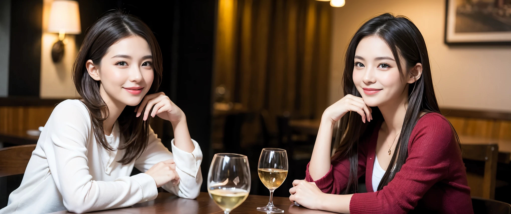 Duas mulheres sentadas a uma mesa com taças de vinho na frente delas -  SeaArt AI