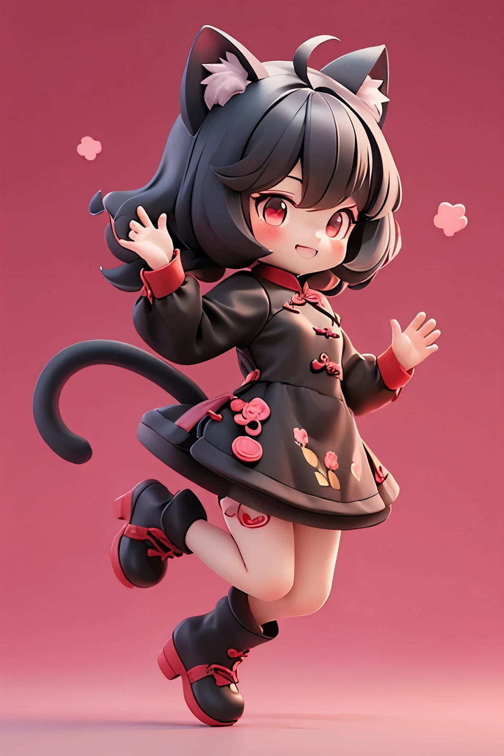 Matte blind box，(Red cheongsam)，Simple background，best quality,Cat ears,Happy expression,Jump up
