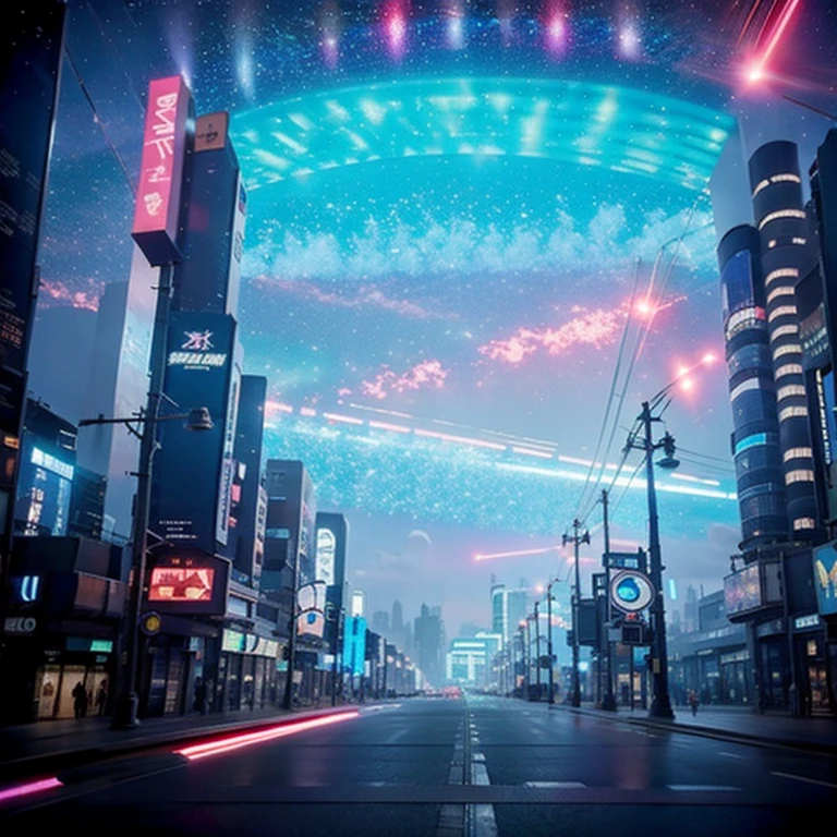 A technological  futuristic techno fantasy metroplois, cyberpunk streets, beautiful, view on the street focus, hyper modern architecture, sky with cosmos, 4k , uhd, photorealistic:1.4, masterpiece, ((at night, on the streets point of view)), ultra beautiful  colours , beautiful  atmosphere, vibrant colors