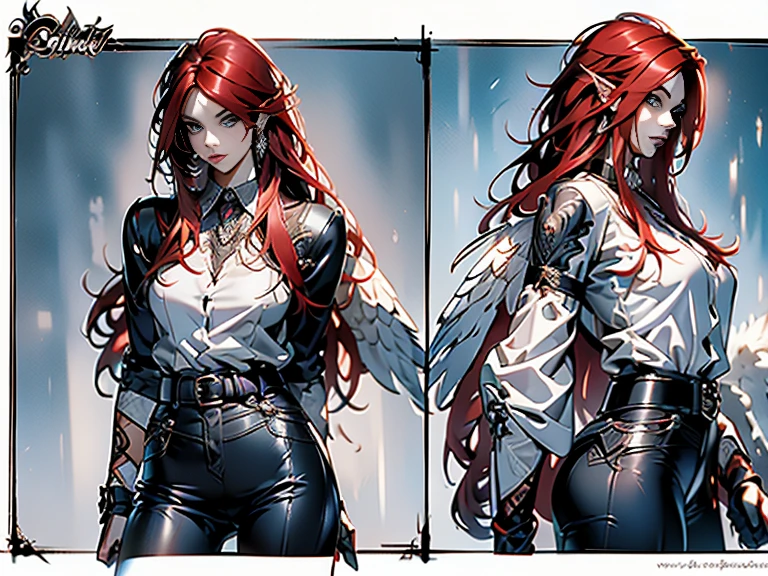 Character Sheet, whole body, Front and side view, Handsome angel man, 2 white feathers, sexy, Naughty kid, Long Red Hair, Tattoo, Black Leather Pants, Gothic Makeup