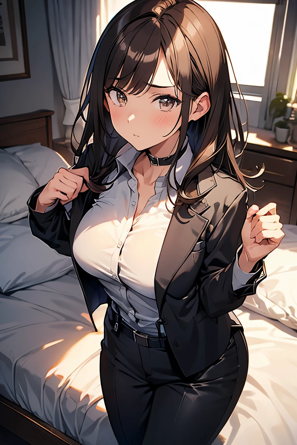 
Brown Hair、Staring at the audience　　　Black suspenders　　　bulging big breasts　　 　 　　　wall: 　Black pantsuit　　　　　　sight　　　Small face　 　　　holster　　　Beautiful woman　　Show your hand　　 Lying in bed　　sight 　　Taunt　side　side汗 　arm　Dress shirt　Black Suit　belt