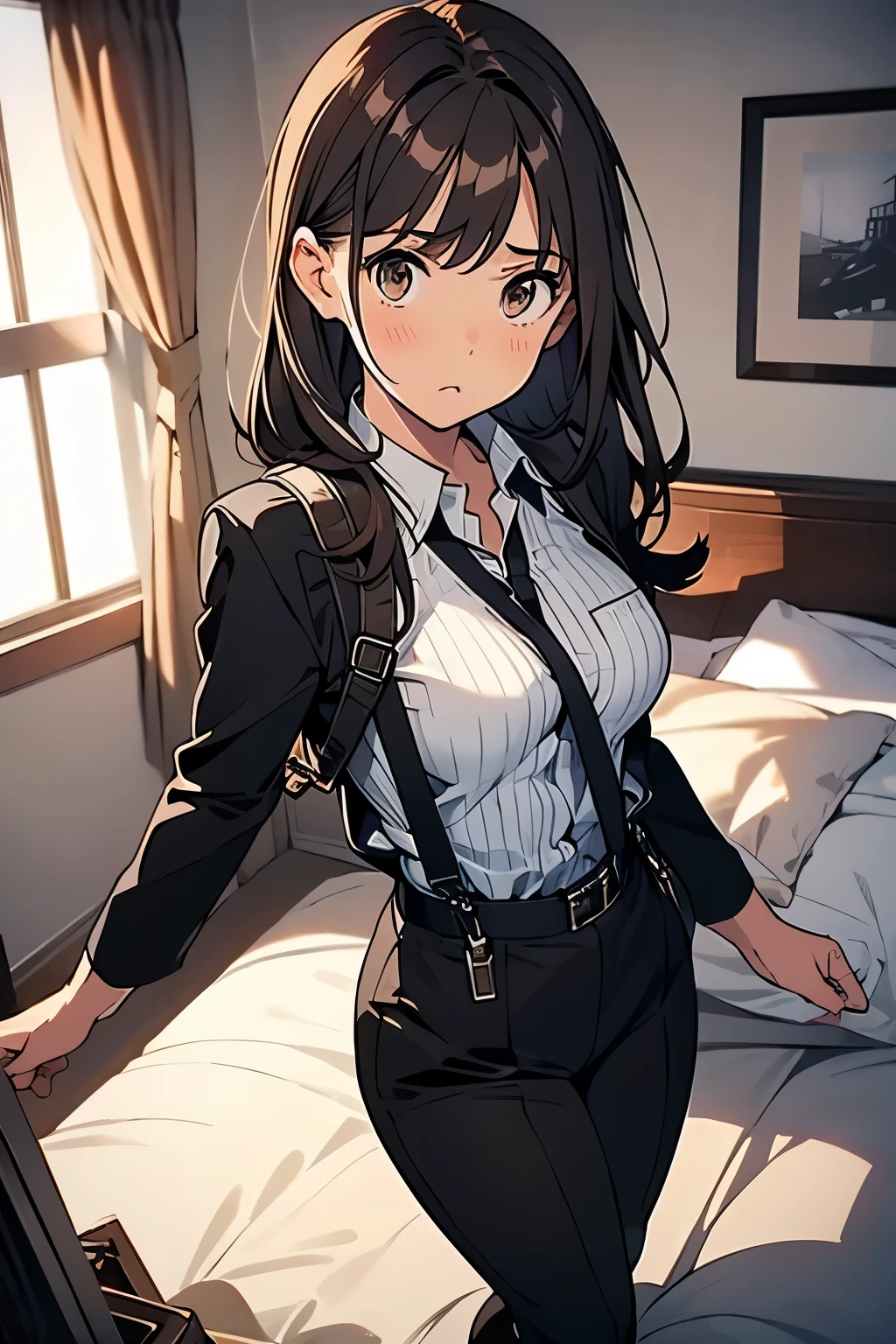 
Brown Hair、Staring at the audience　　　Black suspenders　　　bulging big breasts　　 　 　　　wall: 　Black pantsuit　　　　　　sight　　　Small face　 　　　holster　　　Beautiful woman　　Show your hand　　 Lying in bed　　sight 　　Taunt　side　side汗 　arm　Dress shirt　Black Suit　belt