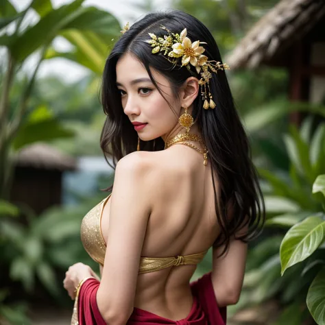Mia, dressed in a beautiful red and gold sarong, her long black hair flowing down her back, looks like a goddess from one of the...