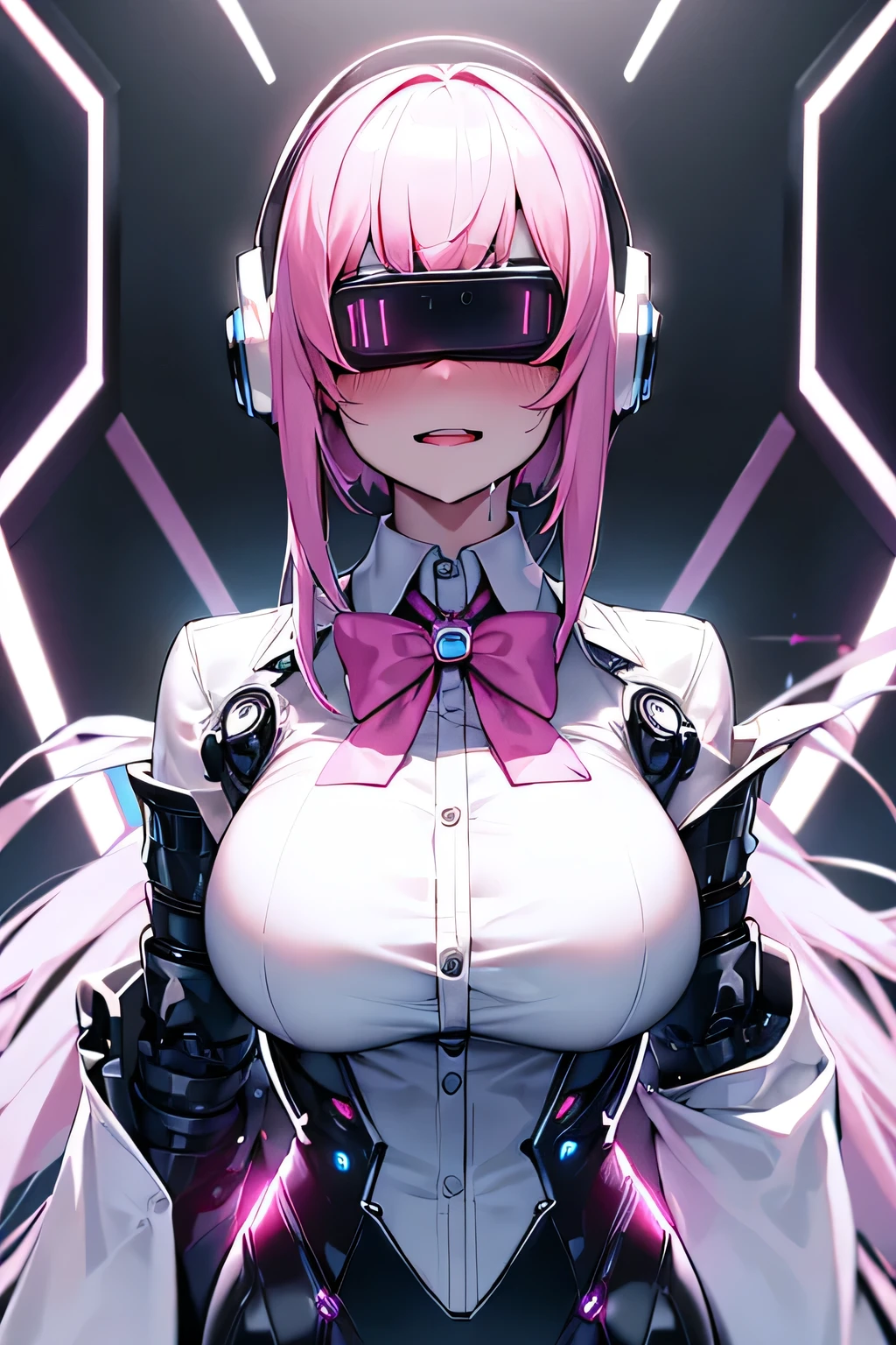 Anime cyborg girl sitting in a pilot seat wearing a virtual reality headset covering her eyes on her face with machinery and tubes and wires going inside her head and brain, (Best quality,highres:1.2), ultra-detailed, (realistic:1.3), cyberpunk, futuristic, portrait, shiny revealing latex outfit, cyber implants, virtual reality, drooling face, cables plugging into brain, shirt collar, bowtie, formal clothing, open mouth smile, facing viewer, girl is vibrating, glowing virtual reality headset, relaxed expression, blushing, cyber future formal wear, cyberpunk, futuristic, brain drain, cyber implants, virtual reality, drooling face, virtual reality headset covering eyes,  , big collar, high collar, open mouth smile, pleasured face expression, skin tight clothing, big shirt collar, big bowtie, biggest breasts in the world, light-emitting cable connected to brain, head antennas, oversized headphones, breasts are vibrating, open mouth drooling, blank expression, red face blush, cyborg, android, mechanical creature, mechanical torso, futuristic cyberpunk cyborg body, slim futuristic android, glowing lights on girls body, power cells, head is emitting pink light, formal shirt collar, big formal bowtie, , glowing nipples, big shirt collar, high collar, white collar, electrocution, girl being electrocuted, electricity, electricity sparks, pink hair, short hair, neon pink hair, body modification, orgasm, pleasure, (VR headset covering the eyes), vibrating breasts, vibrating girl, intense vibration, glowing nipples, lightbulb nipples, girl wearing large VR headset, glowing eyes, blank eyes, focused face expression, buttoned up white dress shirt, formal shirt with huge collar