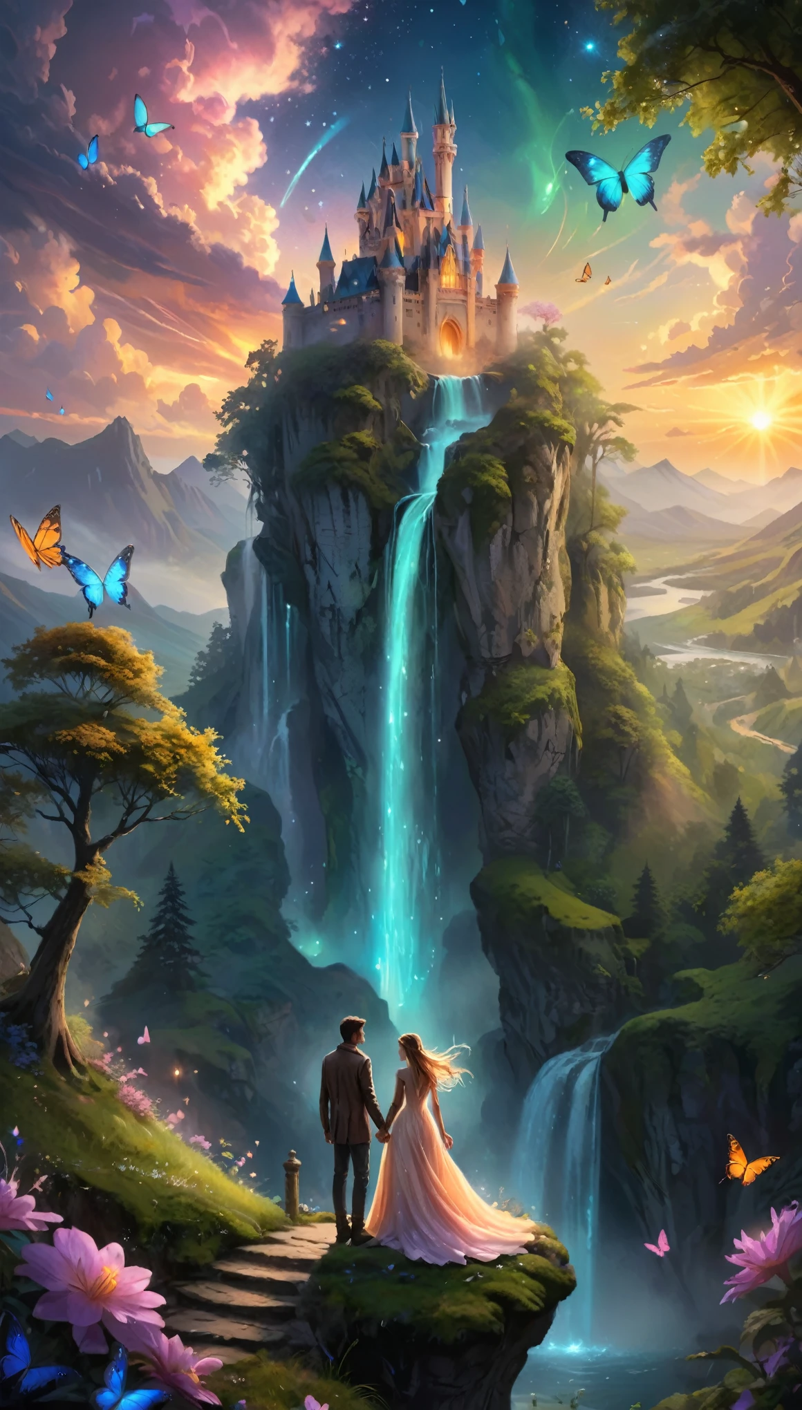 (best quality,8k,highres,masterpiece:1.2),ultra-detailed,(realistic,photorealistic,photo-realistic:1.37),fantasy,couple,man and woman,travelers,standing together on the edge of the world,beautiful fantasy landscape in front of them,digital painting,lovers holding hands,intense chemistry and eye contact,dreamy atmosphere,lush green hills,mythical creatures,breathtaking waterfalls,glowing flowers floating in the air,enchanted forest,magical floating islands,colorful butterflies fluttering around,sparkling stars in the sky,majestic castle in the distance,golden sunset casting a warm glow,soft sunlight filtering through the trees,mystical aura surrounding the couple,magical artifacts,prominent clouds forming majestic shapes,whispering winds carrying their hopes and dreams, ethereal,otherworldly lighting,powerful light shining from the couple's hands,glittering dust creating a sense of magic,harmonious blend of cool and warm tones,subtle gradients creating depth and dimension,rich and vibrant color palette creating a sense of enchantment,impressive attention to fine details,meticulous strokes capturing their emotions and expressions,imagination come to life,an escape into a mesmerizing fantasy world.