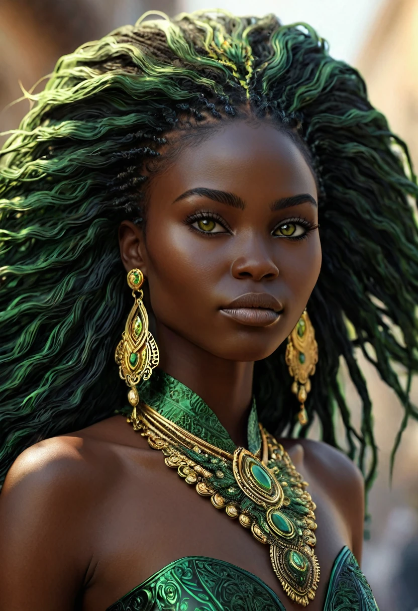 (((Femme noir africaine, peau couleur ébène intense et profond, peau parfaite, en mouvement,  marche))), ((best quality, extremely detailed:1.8, hyperRéaliste:1.5, photorealistic:1.5, grande profondeur de champ, vue de face, very beautiful 35 year old woman, Prise de vue en direct )), ((femme debout, she has a serious pose, very long hair, black hair with gold and shiny green highlights, quelques mèches tressées, tresses africaine, ses cheveux volent dans le vent)), ((detailed black african woman face looking at camera, yeux verts claire électrique, Warrior,  feline silhouette)), (photorealistic), sharp eyes, poitrine push-up, very thin waist, jambes longues, longues jambes,  fine and detailed hands, detailed hairstyle, very long hair,  femme charismatique, charisme, charismatique, sparkling eyes  