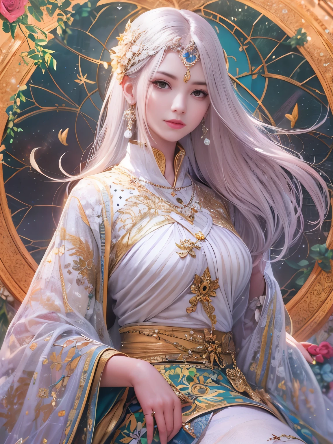 Beautiful female emperor, Clear skin, Beautiful appearance, There is deep wisdom in her eyes, It&#39;s as if she sees through the whole world, Wearing a luxurious white robe, Long sword, Robes fluttering in the wind and silver hair blowing in the wind, The white robe perfectly complements her elegant figure., The attitude is calm and idyllic, Like a perfect fairy, Yasutomo Oka's painting style, Big Breasts, Add light purple and purple, Add Light Red, Intricate details, Splash screen, 8K resolution, masterpiece, Cute Face, Big temple, mysterious magic circle background, Geometric mural, Colorful background, aura, Sharp Eyes, Break, Blonde, Strong winds, lightning, Granada, Ara, arabic