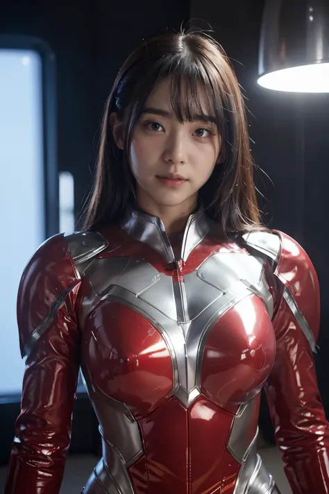 Ultraman、realistic、realistic、cinematic lighting, Girl in a shiny red and silver suit、15 years old、professional photos、Don&#39;Do...