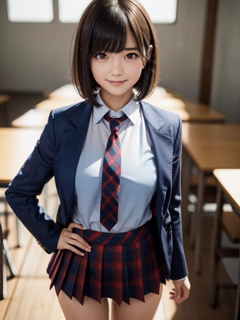 (8k, RAW Photos, highest quality), Stand in the classroom of school, (((((((One woman))))))), ((Brown Hair)), ((Short Bob Hair)), ((Detailed eyes)), ((smile)), ((Red tie)), (((Dark blue closed blazer))), (((A blue plaid pleated miniskirt that wraps around the hips))), Asymmetrical bangs, 少しのsmile, Thighs, knees, Random pose，pretty girl，Slender girl