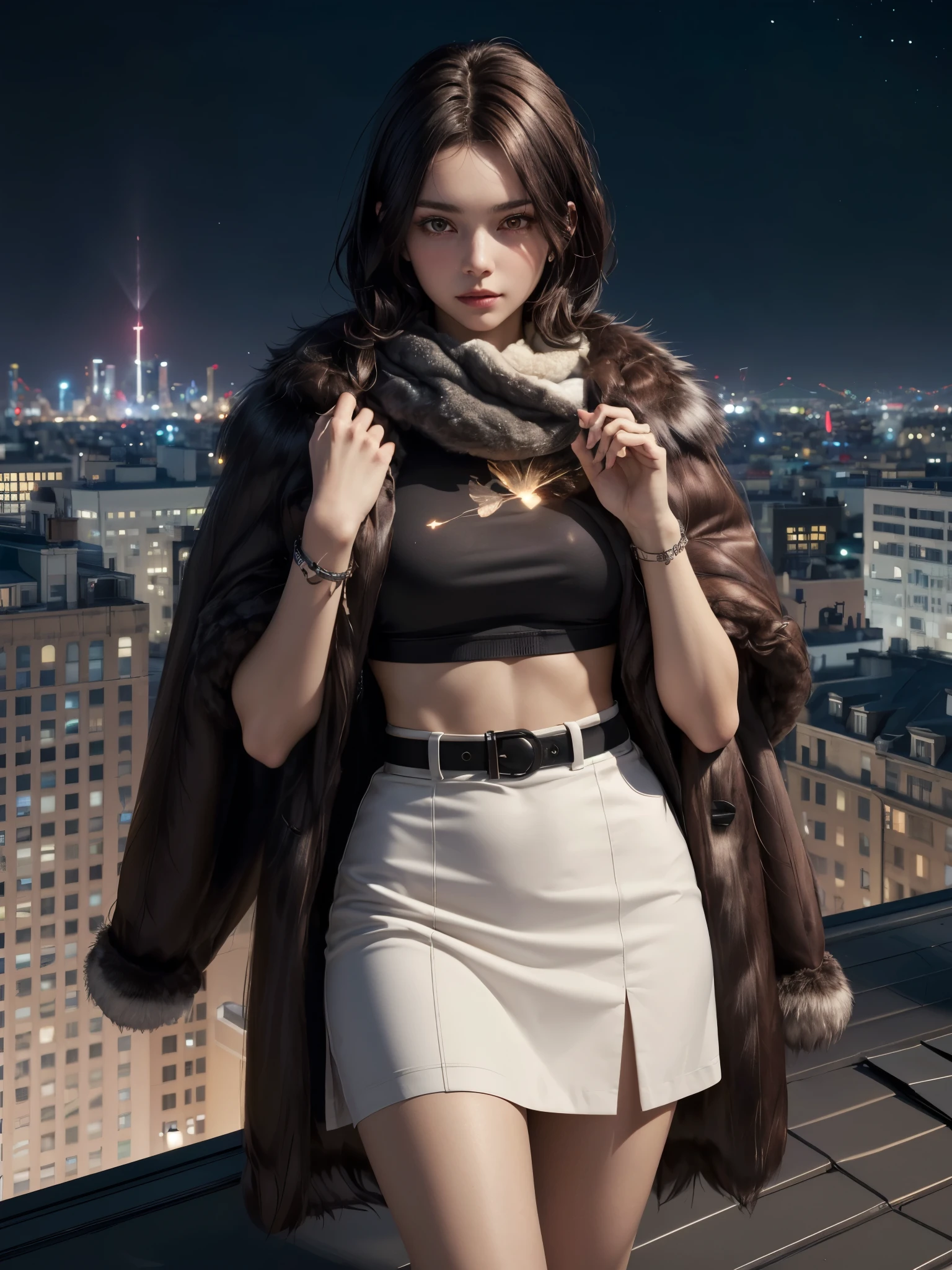 girl with moth wing, fur scarf, micro skirt, fur jacket, aura, moth dust, ((Midnight, Best quality, 8k, Masterpiece :1.3)), (Sharp focus:1.2), ((dark brown hair:1.2)), white tight t-shirt, night city view, rooftop, detailed face, detailed skin texture, 