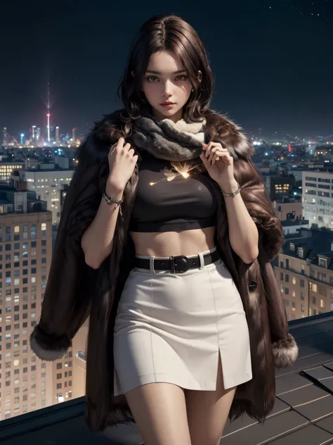 girl with moth wing, fur scarf, micro skirt, fur jacket, aura, moth dust, ((Midnight, Best quality, 8k, Masterpiece :1.3)), (Sha...