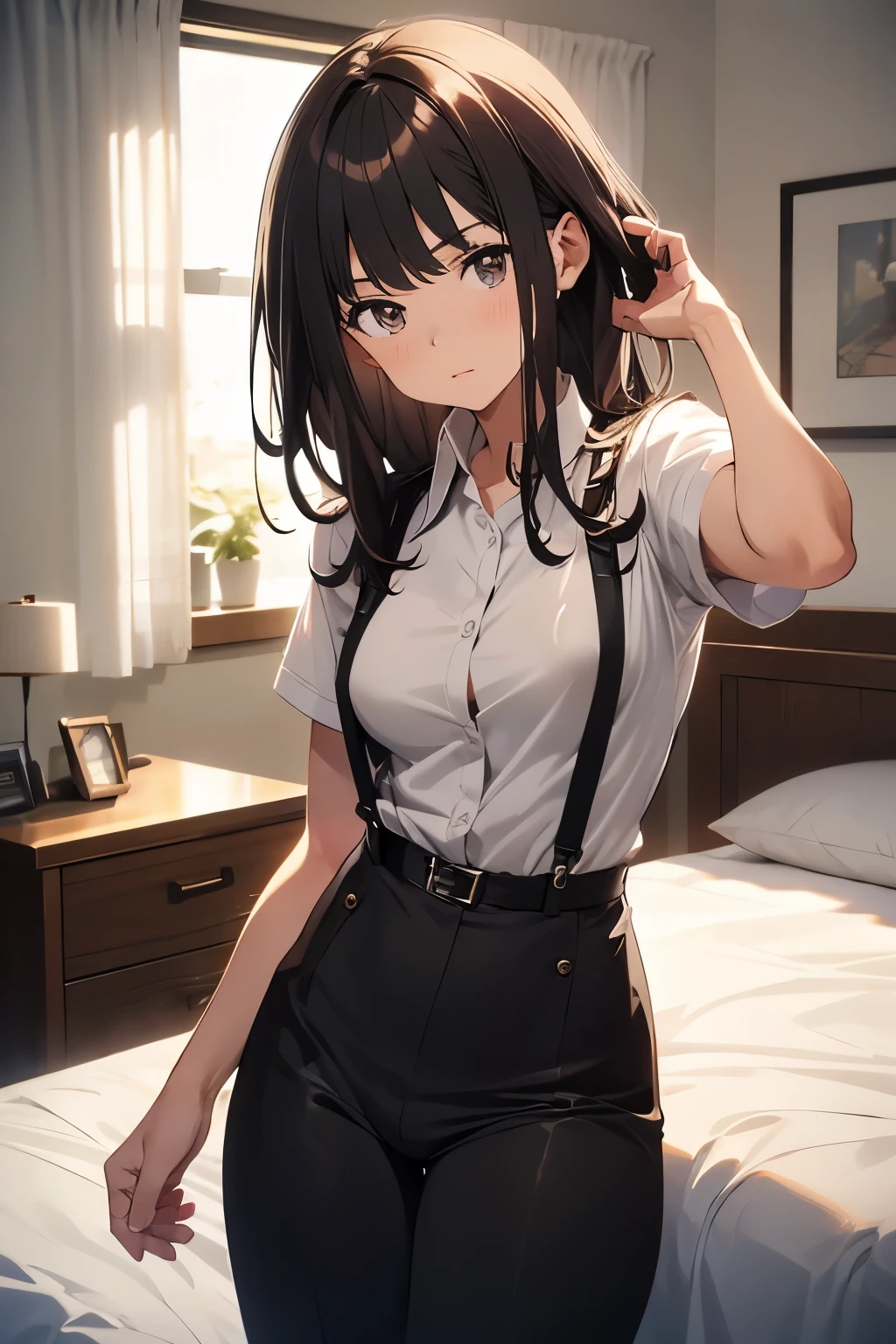 
Brown Hair、Staring at the audience　　　Black suspenders　　　bulging big breasts　　 　 　　　wall: 　Black trousers　　　　　sight　　　Small face　 　　　holster　　　Beautiful woman　　Show your hand　　 Lying in bed　　sight 　　Taunt　side　side汗 　arm　Dress shirt　Black Suit　suit　belt