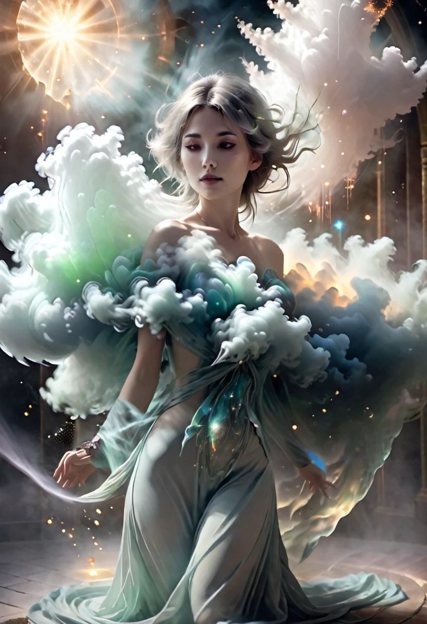a beauty charm, mystical background, ethereal atmosphere, astral heaven, UHD, ghostly smoke