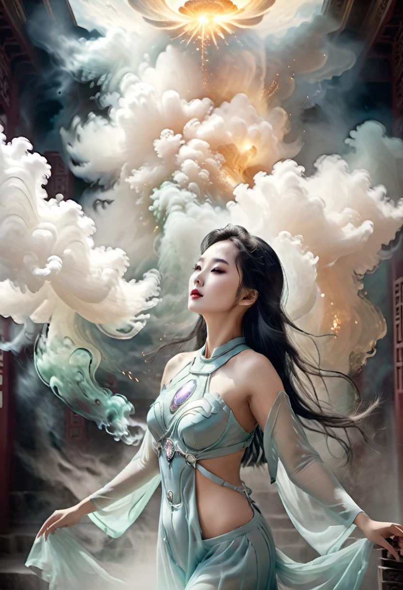 Beleza mística chinesa, estilo vintage, beleza exposta, rosto perfeito, Corpo perfeito, fundo místico, atmosfera etérea, paraíso astral, Ultra HD, fumaça fantasmagórica