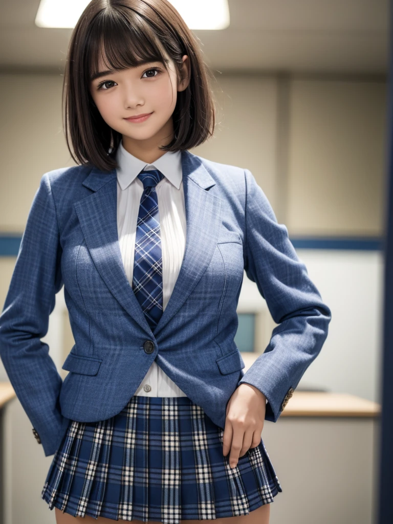 (8k, RAW Photos, highest quality), Stand in the classroom of school, (((((((One woman))))))), ((Brown Hair)), ((Short Bob Hair)), ((Detailed eyes)), ((smile)), ((White blouse)), ((tie)), (((Dark blue closed blazer))), (((A blue plaid pleated miniskirt that wraps around the hips))), Asymmetrical bangs, 少しのsmile, Thighs, knees, Random pose，pretty girl，Slender girl