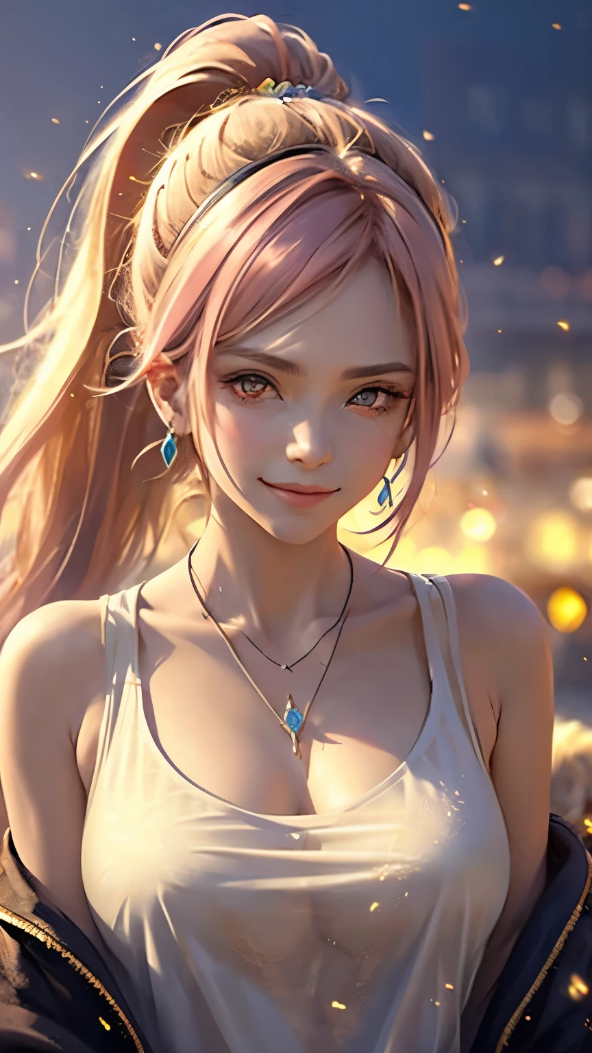 Pink Hair, Front Ponytail, Eye Reflexes, Red contact lenses, Pink Eyes, Heterochromia of the iris，Put on earrings, blue crystal pendant，Wicked Smile, hair band，Attention to detail, Romanticism, Written boundary depth, Shine, Ray Tracing, Viewfinder, Zoom Layer, close, bokeh, Anatomically correct, Attention to details, 1080P, Ultra Hi-Vision
woman，High Ponytail，Oversized T-shirt，More on water patterns on clothes，The expression is solemn，reflected light，
Gorgeous and delicately shining small butterfly hair accessory，Vibrant colors，Detailed engraving，Shine brightly，Attention to detail，The jewelry is of high quality，Very high quality